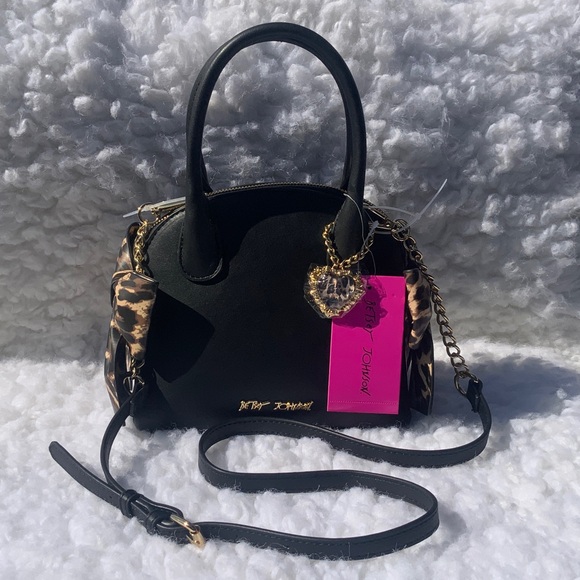Betsey Johnson Handbags - Betsey Johnson XOHOLLY DOME Black Satchel with Leopard Trim and Gold Hardware